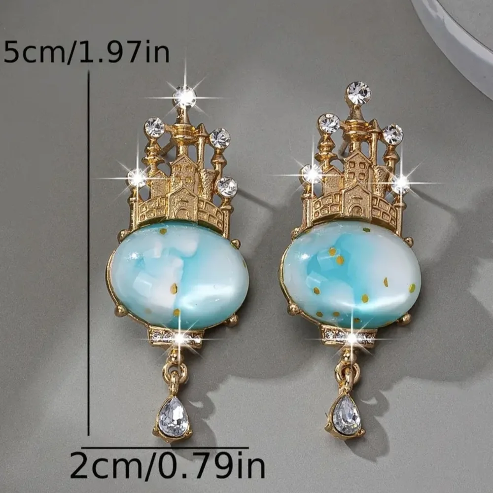 Gold and Blue Enchanted Castle Earrings - Picture 4 of 4